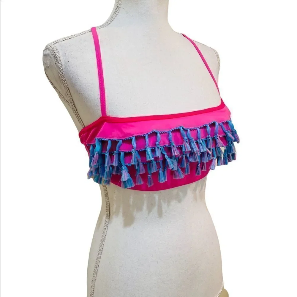 NWT vigoss swim pink active top with turquoise fringe adjustable straps tie